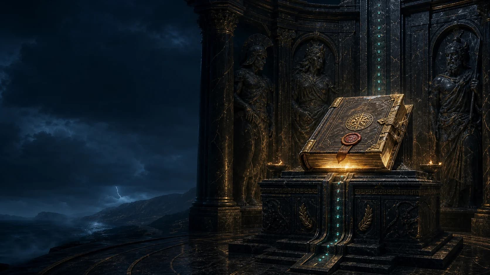 An enchanted book in a storm-lit obsidian Greek archive
